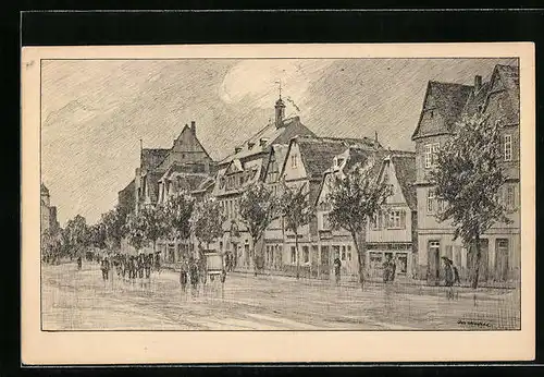 Künstler-AK Friedberg / Hessen, Kaiserstrasse mit Passanten