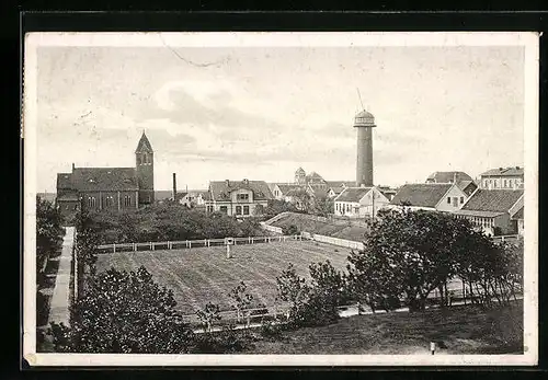 AK Wangerooge, Dorfplatz mit Kirche und Leuchtturm