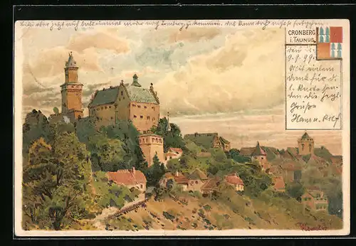 Künstler-AK Cronberg i. Taunus, Teilansicht mit Schloss
