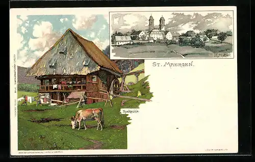 Künstler-AK Karl Mutter: St. Maergen, Ortsansicht und Rankmühle