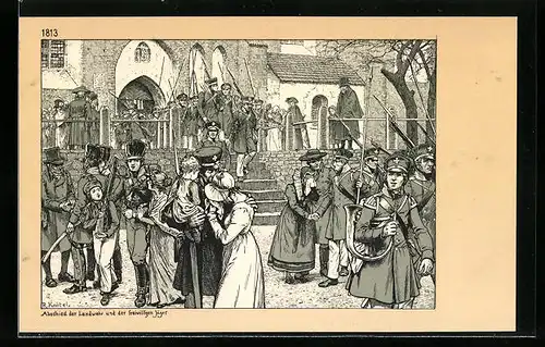 Künstler-AK Richard Knoetel: Abschied der Landwehr und der freiwilligen Jäger