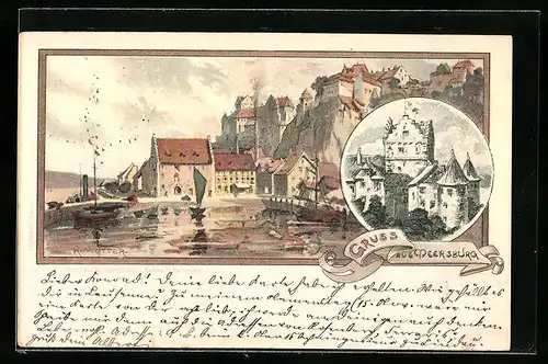 Künstler-AK Karl Mutter: Meersburg, Ortsansicht mit Veste