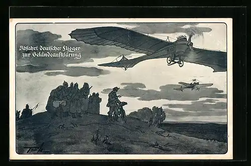 Künstler-AK Abfahrt Deutscher Flieger zur Geländeaufklärung