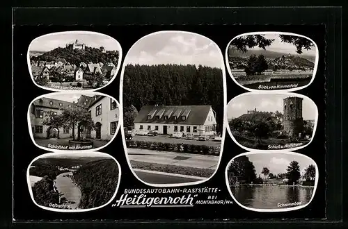 AK Heiligenbach bei Montabaur, Bundesautobahn-Raststätte, Schloss und Wolfsturm, Gelbachtal