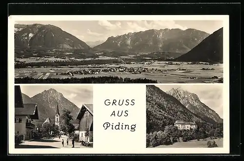 AK Piding, Gesamtansicht mit Untersberg, Ortsansicht und Hochstaufen