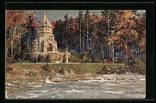 Künstler-AK Zeno Diemer: Starnberger See, Votivkirche für König Ludwig II.