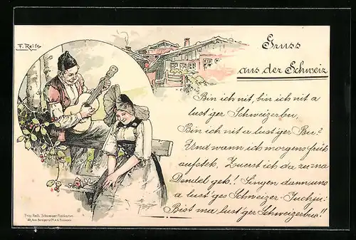 Künstler-AK Fritz Reiss: Liebesgesang in der Schweiz, Paar bei Gitarrenklang auf einer Bank