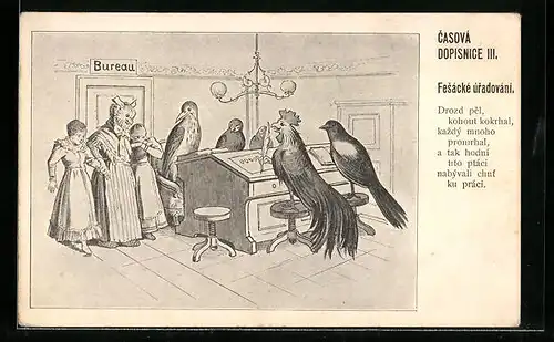 AK Casová Dopisnice III., Fesácké úradováni, Eule im Kleid vor anderen Vögeln am Schreibtisch