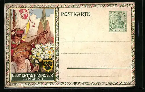 AK Hannover, Blumentag 1911, Musikant mit Gitarre, Frau mit Blumen, Ganzsache