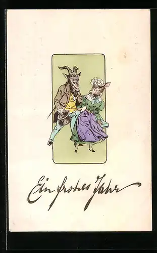 Präge-AK Ziege und Ziegenbock in eleganter Kleidung, vermenschlichte Tiere