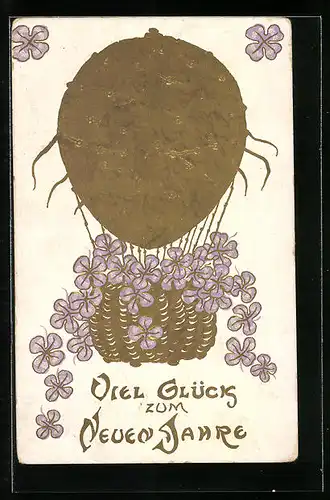 Präge-AK Viel Glück zum Neuen Jahr, Fesselballon, Vergissmeinnicht