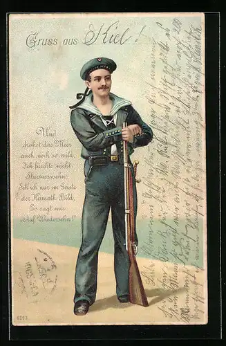 Lithographie Gruss aus Kiel!, Marineinfanterist mit Karabiner