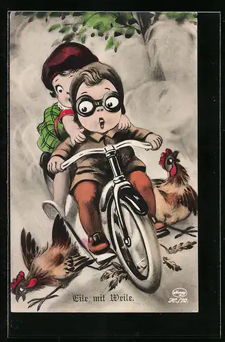 Künstler-AK Eile mit Weile, Mädchen fahren Fahrrad