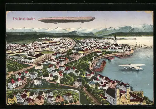 Künstler-AK Friedrichshafen, Totalansicht mit Zeppelin