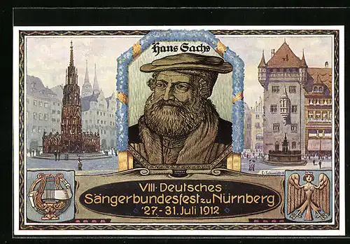 Künstler-AK Nürnberg, VIII. Deutsches Sängerbundesfest 1912, Hans Sachs, Denkmal, Brunnen