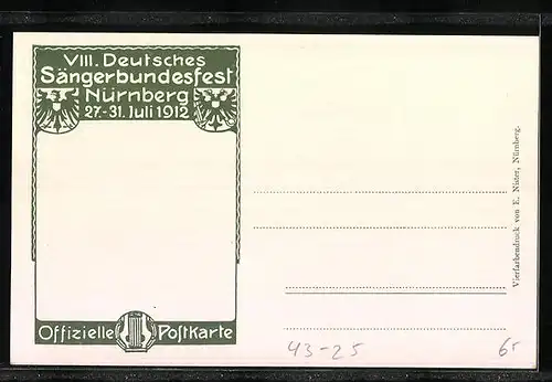 Künstler-AK Nürnberg, VIII. Deutsches Sängerbundesfest 1912- 50 jähriges Bestehen des Deutschen Sängerbundes