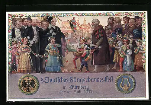 Künstler-AK Nürnberg, 8. Deutsches Sängerbundesfest 1912, Alter Mann und Junge mit Lauten