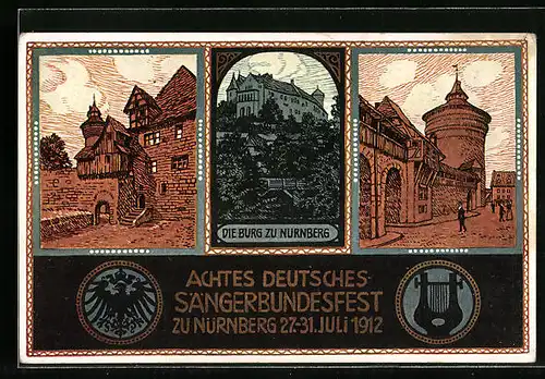 Künstler-AK Nürnberg, Achtes Deutsches Sängerbundesfest 1912, Die Burg, Ortspartien