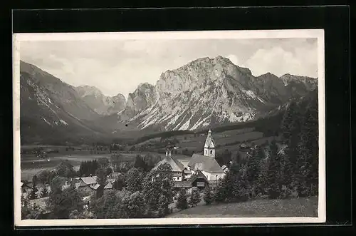 AK Tragöss-Oberort, Teilansicht vor Bergpanorama