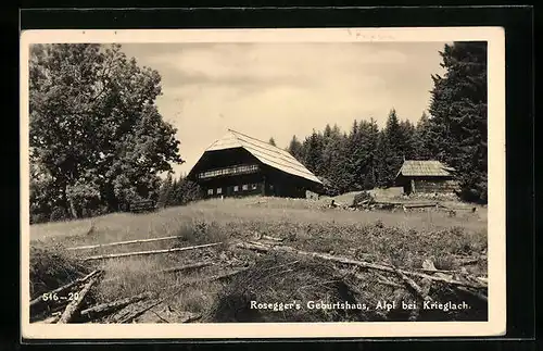 AK Alpl bei Krieglach, Roseggers Geburtshaus von einer Wiese gesehen