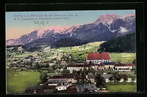 AK Neuberg /Mürz, Ortsansicht mit Schneealpe, Jagdschloss und Stiftskirche