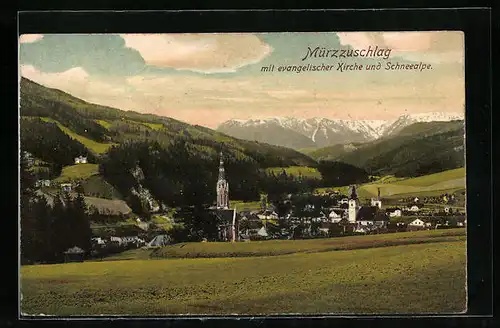 AK Mürzzuschlag, Ortsansicht mit evangelischer Kirche und Schneealpe