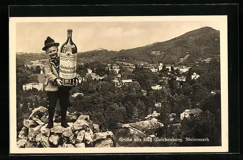 AK Bad Gleichenberg, Trachtenbub mit Heilwasser vor Ortsansicht