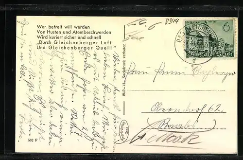 AK Bad Gleichenberg, Trachtenbub mit Heilwasser vor Ortsansicht