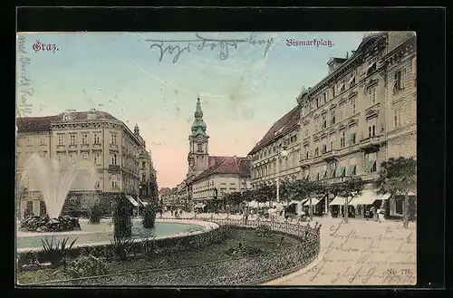 AK Graz, Bismarckplatz mit Friseurgeschäft, Kirche und Brunnen