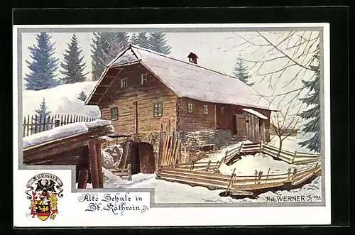 Künstler-AK St. Kathrein, Alte Schule im Schnee, Wappen der Südmark
