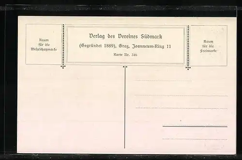 Künstler-AK St. Kathrein, Alte Schule im Schnee, Wappen der Südmark