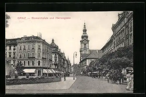 AK Graz, Bismarckplatz und Strasse Herrengasse mit Kirche