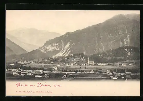 AK Kössen, Ortspanorama mit Bergblick