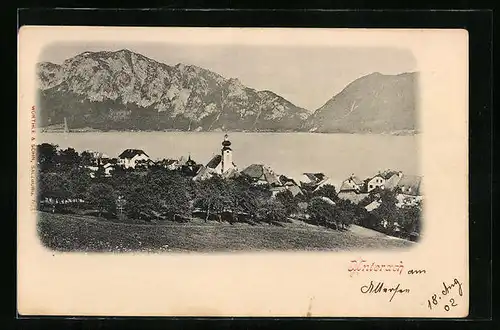 AK Unterach, Uferpartie mit Kirche