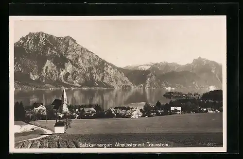 AK Altmünster, Salzkammergut, Uferpartie mit Kirche und Traunstein