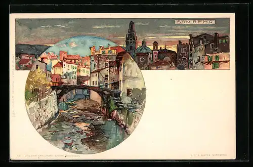 Künstler-AK Manuel Wielandt: San Remo, Panorama, Ortspartie mit Brücke