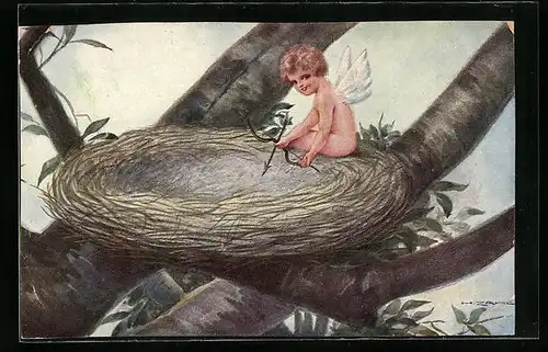 Künstler-AK H. Zahl: Amor sitzt in einem Vogelnest