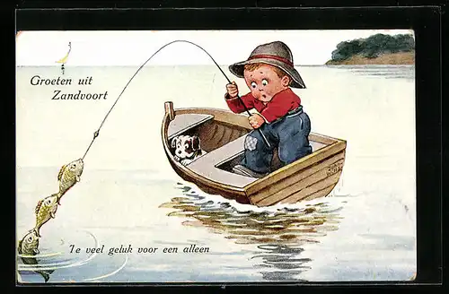 Künstler-AK John Wills: Zandvoort, Junge angelt mehrere Fische