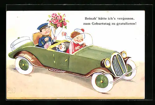 Künstler-AK John Wills: Mädchen fährt einen Boten mit Blumen und Geschenken