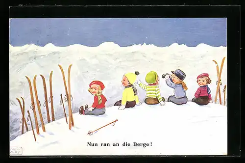Künstler-AK John Wills: Kinder sitzen mit Skiern im Schnee