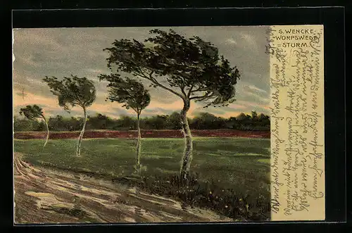 Künstler-AK Sophie Wencke: Worpswede, Bäume bei Sturm