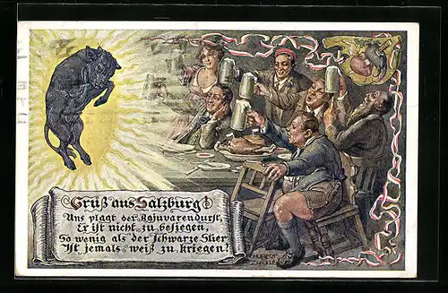 Künstler-AK Hubert von Zwickle: Salzburg, Trinkende Männer mit schwarzem Stier