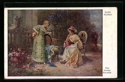 Künstler-AK Hans Zatzka: Eine freudige Botschaft, Schöne Frau im Kleid liest einen Brief vor