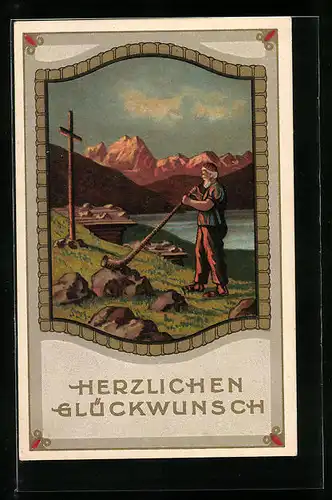 AK Alphornbläser im Abendlicht, Geburtstagsgruss