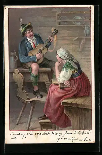 AK Gitarrist mit Tirolerhut bringt einer Dame ein Ständchen