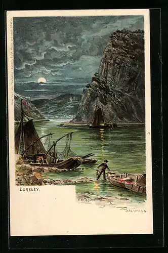 AK Fischer beim Salmfang im Mondschein vor dem Loreley-Felsen