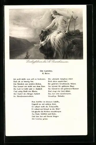 AK Loreley auf dem Loreleyfelsen, Gedicht Die Loreley