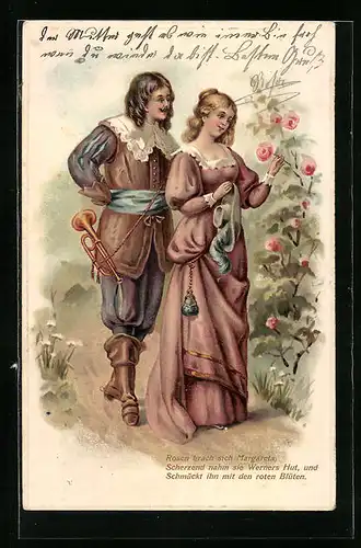 Präge-AK Trompeter mit Geliebter an einem Rosenstrauch, Behüt Dich Gott!