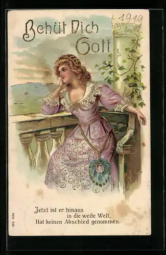 Präge-AK Trauernde Geliebte des Trompeters an einer Balustrade, Behüt Dich Gott!