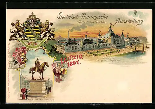 Lithographie Leipzig, Sächs.-Thür. Industrie- und Gewerbe-Ausstellung 1897, Haupthalle, Wappen, Reiterstandbild
